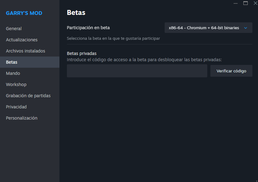 Selección de Beta 64 bits en Steam